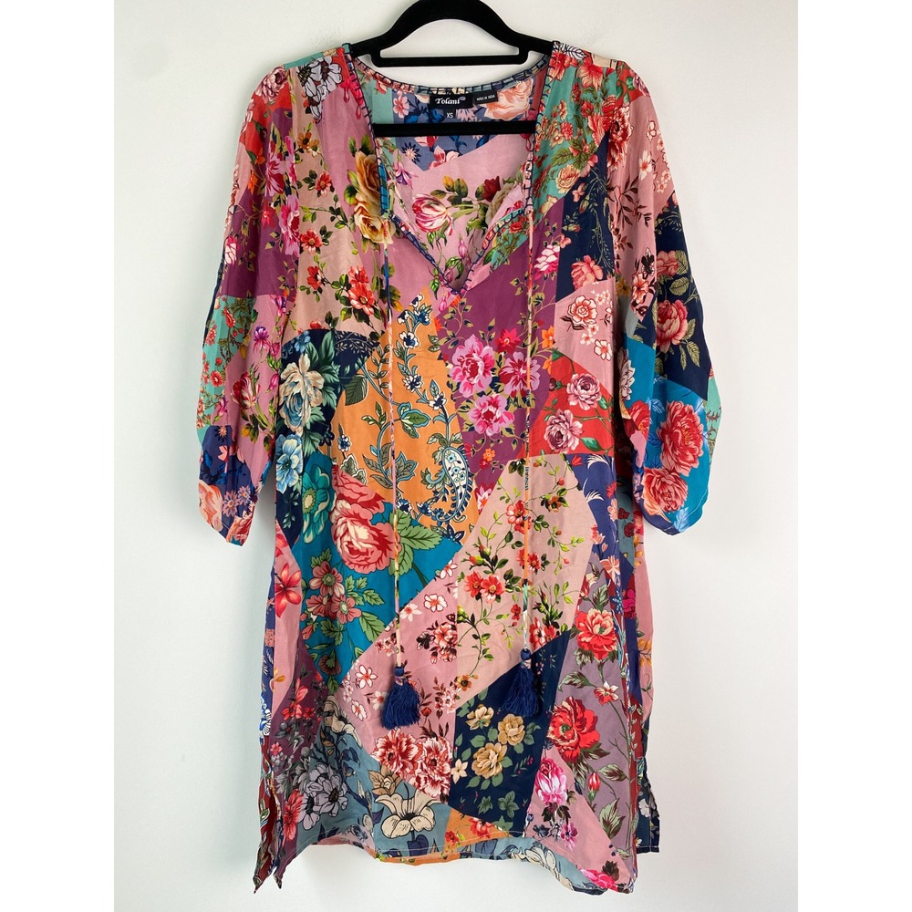 Tolani Womens 100% Silk Tunic Top XS Colorful Floral Patchwork Tassel Artsy Boho
